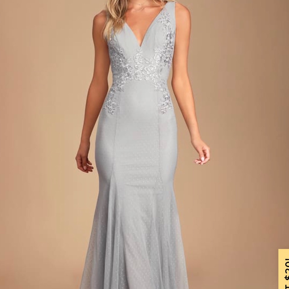 Lulus Ballroom Beauty Grey Lace Swiss Maxi dress